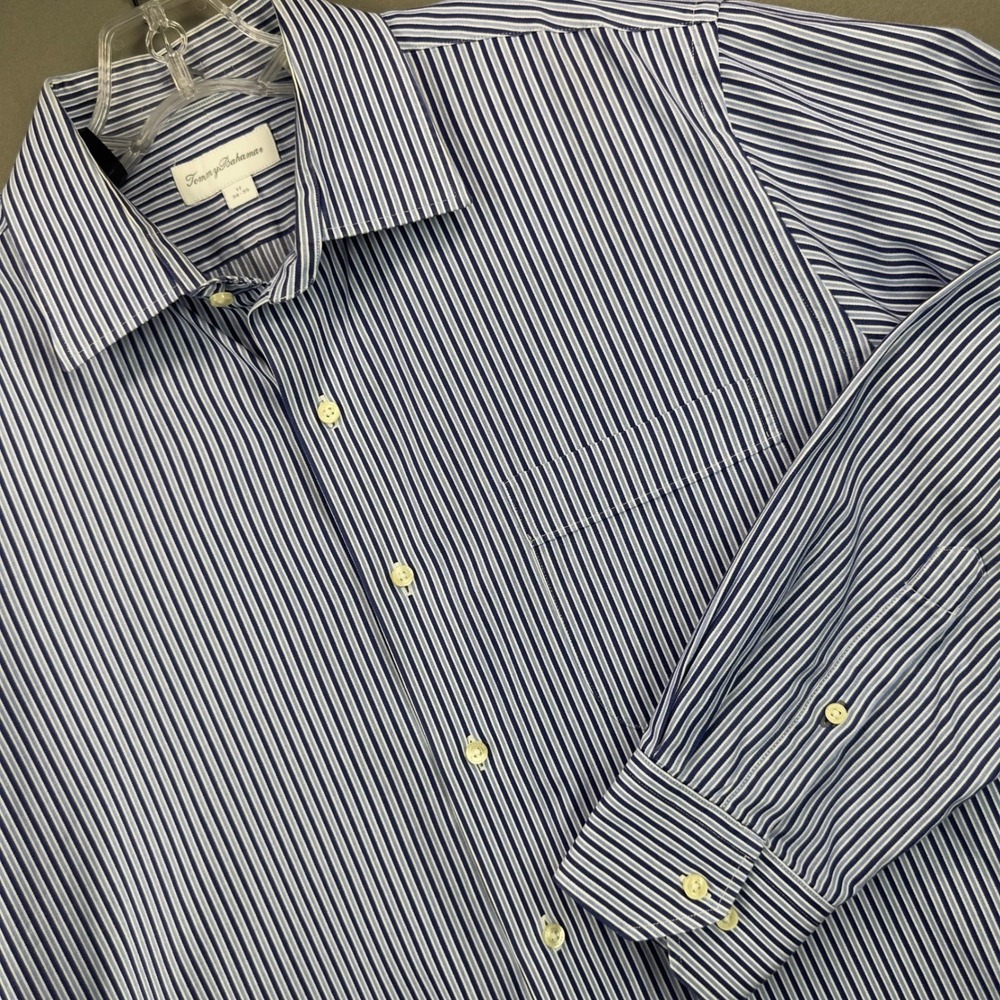 Tommy Bahama Button Down Shirt Mens 17 34-35 Blue Stripe Cotton Excellent Career